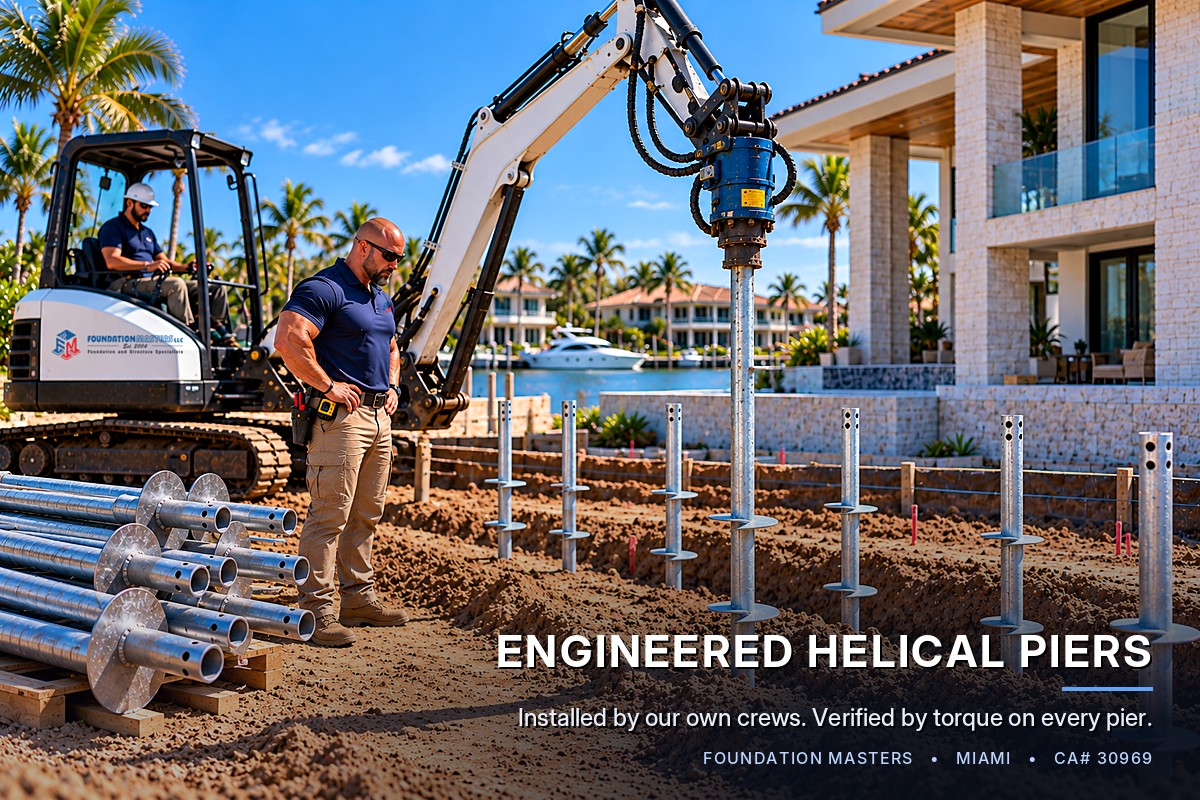 Foundation Masters crew installing engineered helical piers in Jacksonville