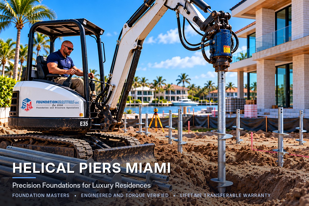 Foundation Masters installing helical piers for a luxury waterfront home in Miami