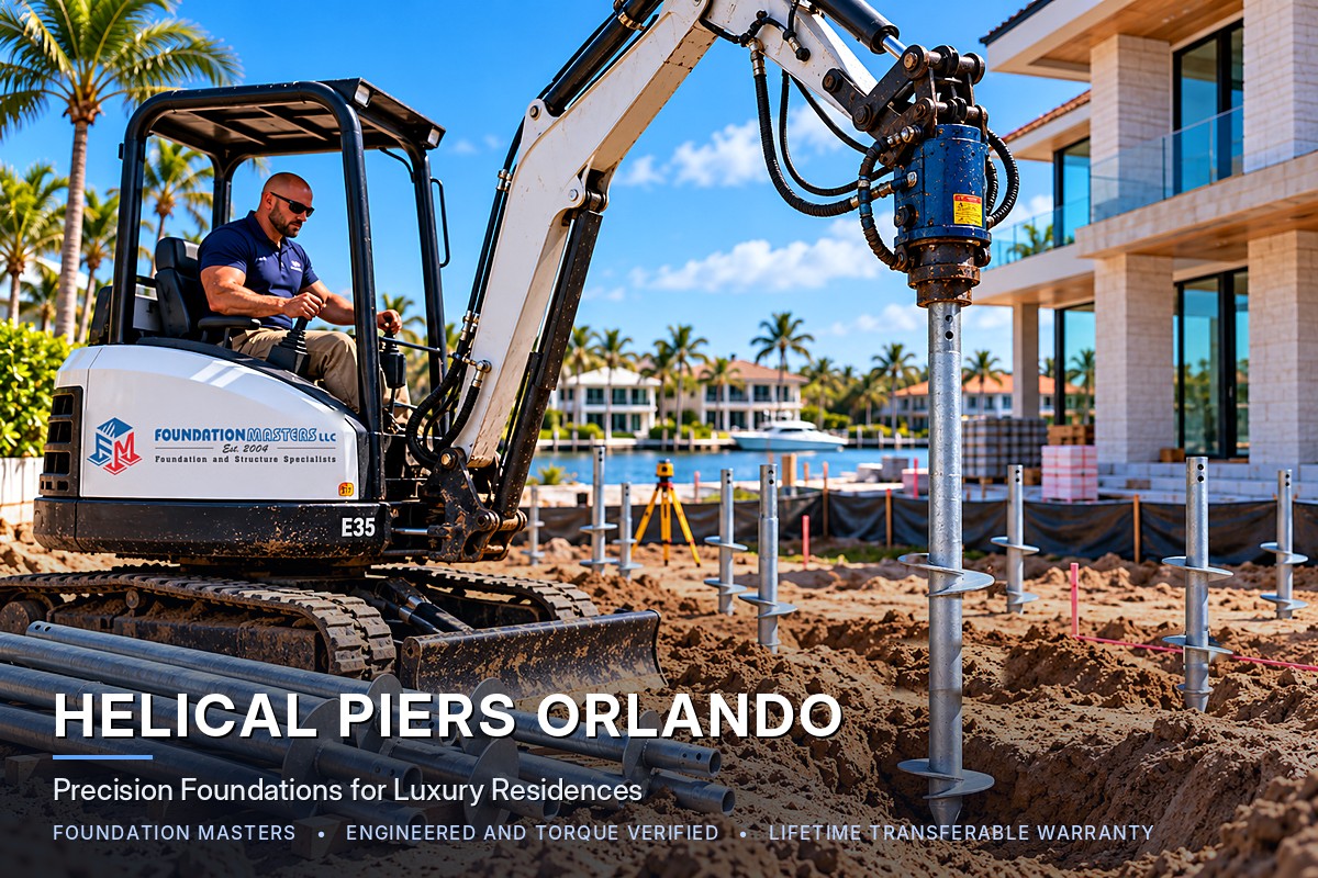 Foundation Masters installing helical piers for a luxury waterfront home in Orlando