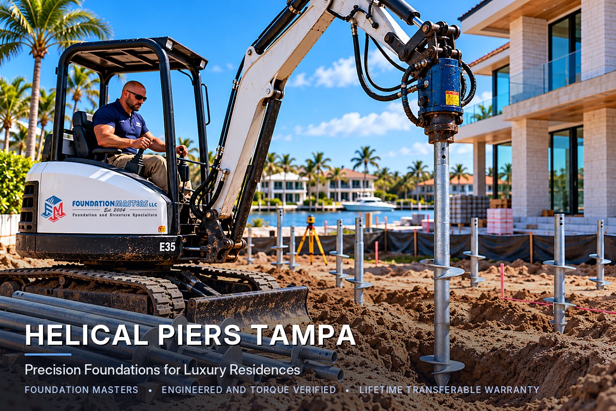 Foundation Masters installing helical piers for a luxury waterfront home in Tampa