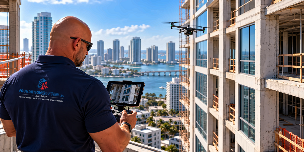 Jeff Earl of Foundation Masters running a drone inspection of a Florida high rise